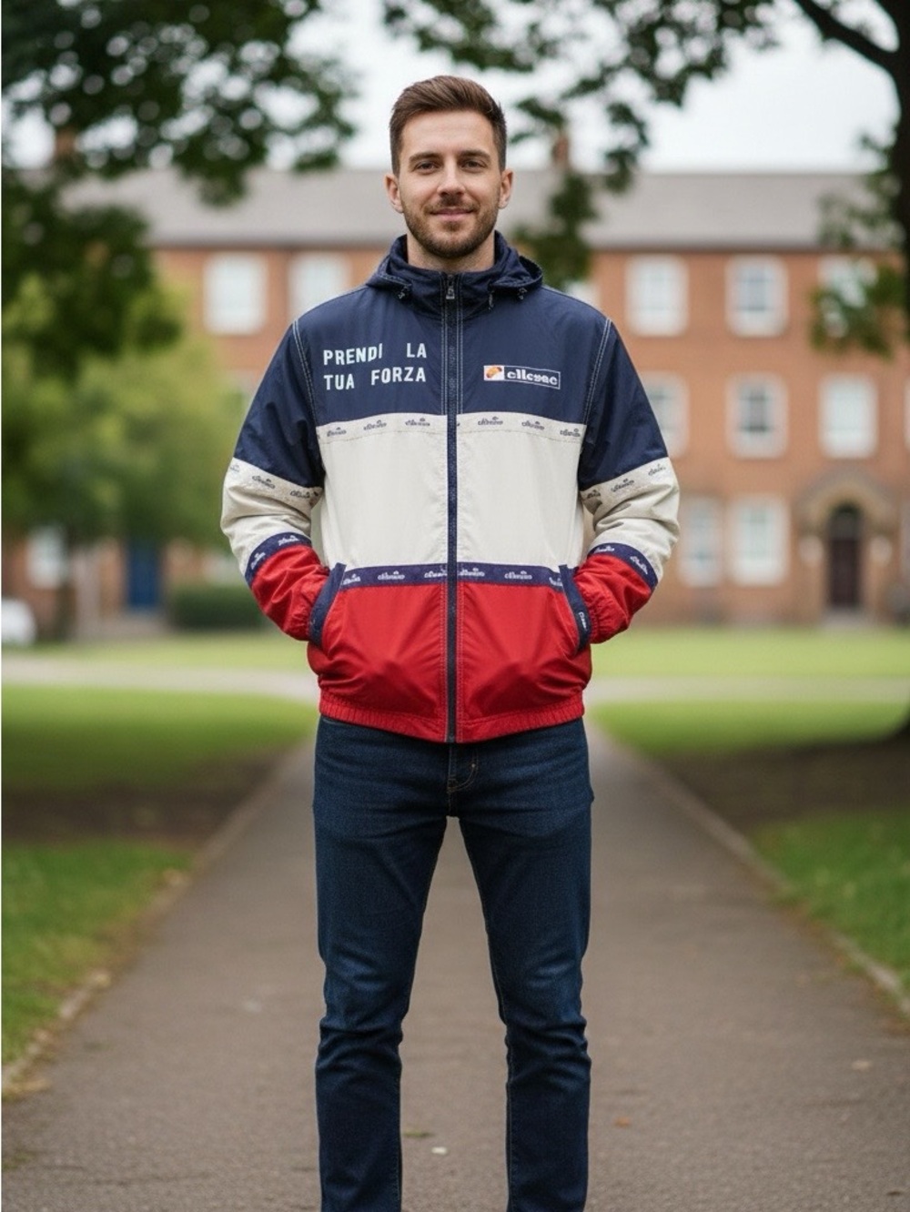 Ellesse men's large  vintage jacket red white and blue. Bold print front/back